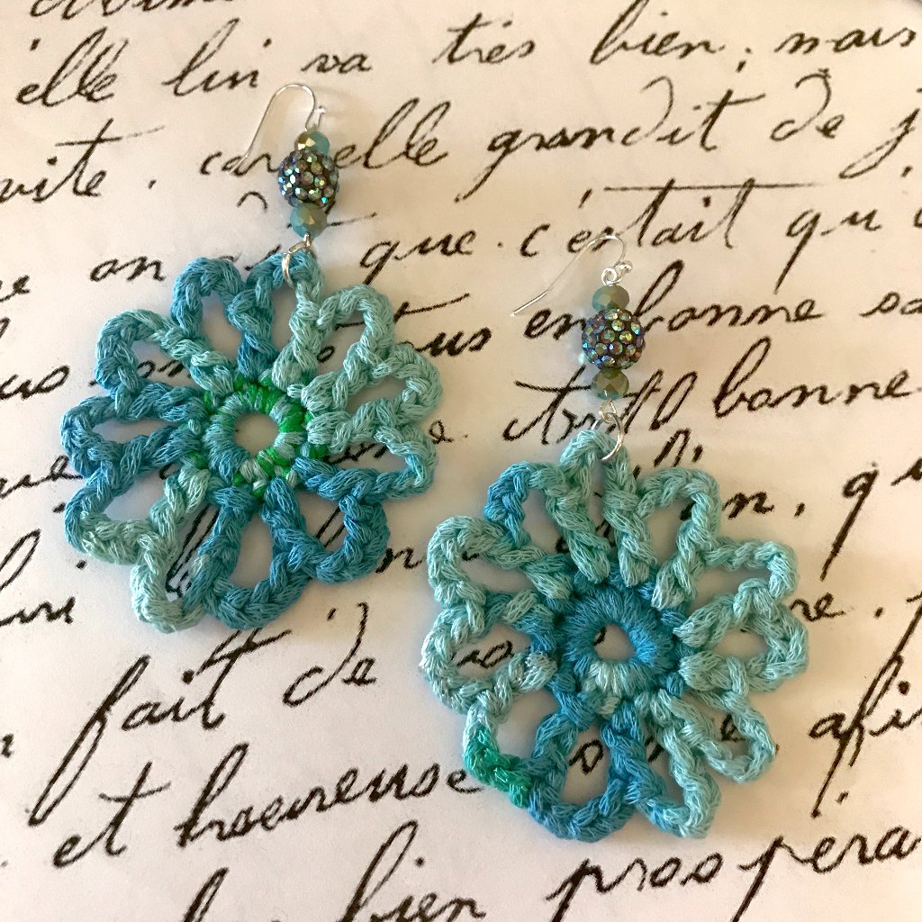 Handmade Cotton Blue Fiber Pinwheel Style Earrings WBlack Clay Rhinestone Beads 12$